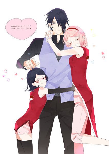 Anime picture 1700x2401 with naruto studio pierrot naruto (series) uchiha sasuke haruno sakura uchiha sarada aaa (pixiv7090847) tall image blush fringe short hair blue eyes black hair simple background smile white background multiple girls pink hair eyes closed hair over one eye