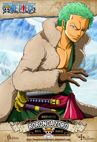 Anime picture 1537x2252 with one piece toei animation one piece world project roronoa zoro bejitsu tekilazo300 single tall image short hair traditional clothes japanese clothes green hair light smile black eyes inscription open clothes open jacket character names scar boy