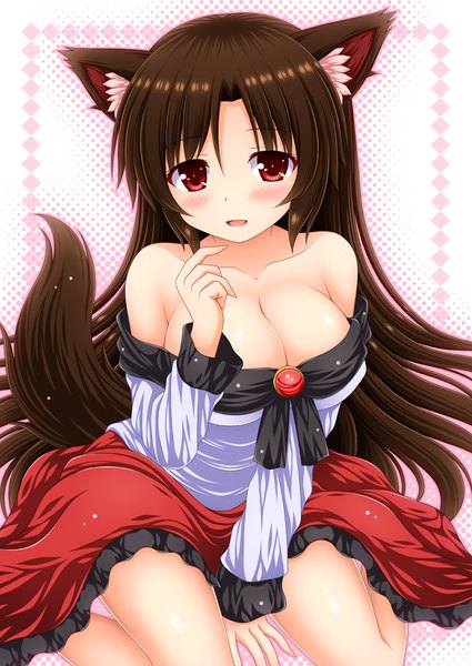 Anime picture 708x1000 with touhou imaizumi kagerou nagana sayui single long hair tall image looking at viewer blush breasts open mouth light erotic simple background red eyes brown hair large breasts white background sitting bare shoulders animal ears payot