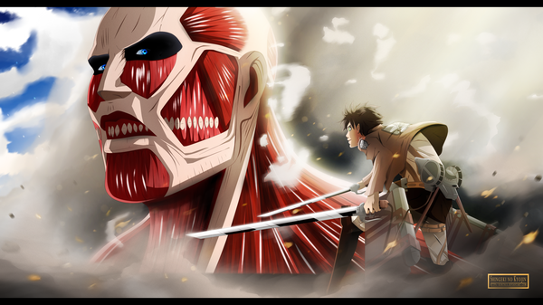 Anime picture 3840x2160 with shingeki no kyojin production i.g eren yaeger bertolt hoover colossal titan kortrex highres short hair blue eyes black hair wide image holding green eyes absurdres sky cloud (clouds) coloring letterboxed dual wielding battle