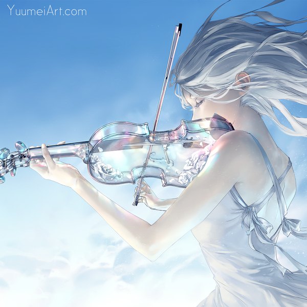 Anime picture 1500x1500 with original yuumei single long hair simple background standing bare shoulders holding signed sky upper body eyes closed wind grey hair inscription bare back playing instrument girl dress flower (flowers)