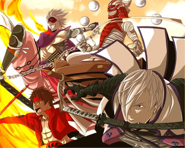 Anime picture 1428x1143 with sengoku basara production i.g sanada yukimura motochika chousokabe mitsunari ishida yoshitsugu otani yousuke 24x fringe short hair open mouth red eyes brown hair hair over one eye open clothes grin mouth hold group boy weapon sword