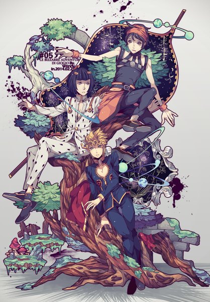 Anime picture 882x1267 with jojo no kimyou na bouken giorno giovanna bruno buccellati narancia ghirga wenny02 tall image short hair blue eyes black hair simple background blonde hair sitting signed looking away black eyes grey background multiple boys outstretched arm drill hair boy