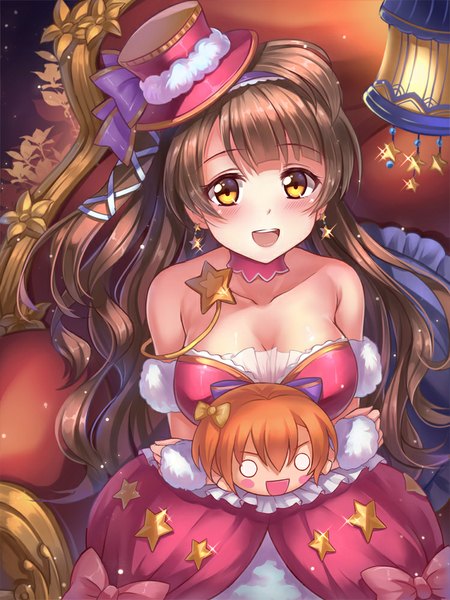Anime picture 750x1000 with love live! school idol project sunrise (studio) love live! minami kotori kousaka honoka miazi single long hair tall image looking at viewer blush fringe breasts open mouth brown hair large breasts brown eyes sleeveless one side up happy