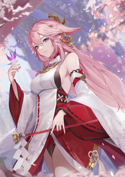 Anime-Bild 1488x2105 mit genshin impact yae miko marumoru single long hair tall image looking at viewer blush fringe breasts hair between eyes large breasts standing purple eyes bare shoulders animal ears pink hair traditional clothes japanese clothes wide sleeves