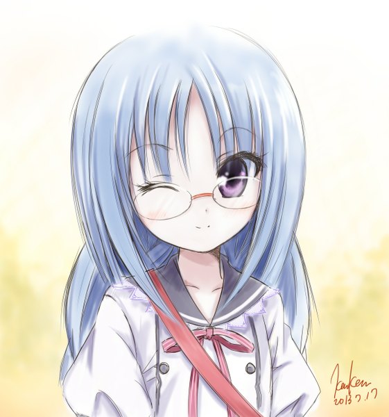 Anime-Bild 1153x1233 mit ro-kyu-bu! project no.9 nagatsuka saki kem kem single long hair tall image smile purple eyes signed blue hair upper body one eye closed wink loli girl uniform school uniform glasses