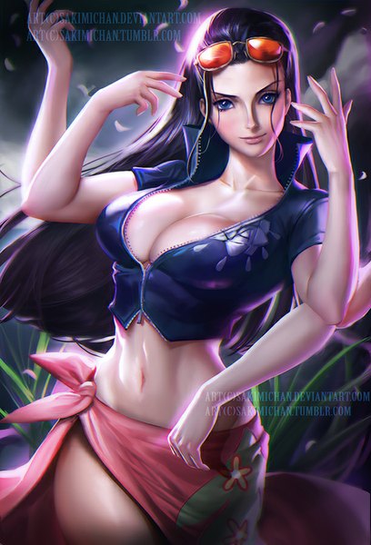 Anime picture 612x900 with one piece toei animation nico robin sakimichan single long hair tall image blush breasts blue eyes light erotic black hair large breasts cleavage light smile wind realistic bare belly watermark sunglasses on head