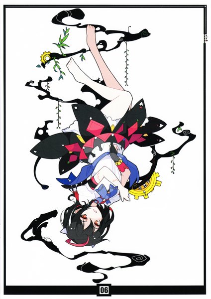Anime picture 4292x6067 with touhou kijin seija ideolo single tall image looking at viewer fringe highres short hair open mouth black hair hair between eyes red eyes white background absurdres ahoge multicolored hair barefoot horn (horns) scan