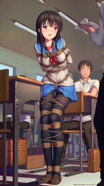 Anime picture 1440x2560 with original tokinohimitsu long hair tall image blush fringe short hair open mouth light erotic black hair hair between eyes standing sitting brown eyes signed looking away full body pleated skirt multiple boys hands behind back