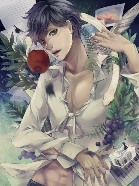 Anime picture 750x1000 with original jinzhao chun tall image looking at viewer short hair open mouth black hair green eyes bare belly boy plant (plants) animal shirt food feather (feathers) fruit berry (berries) paper apple snake