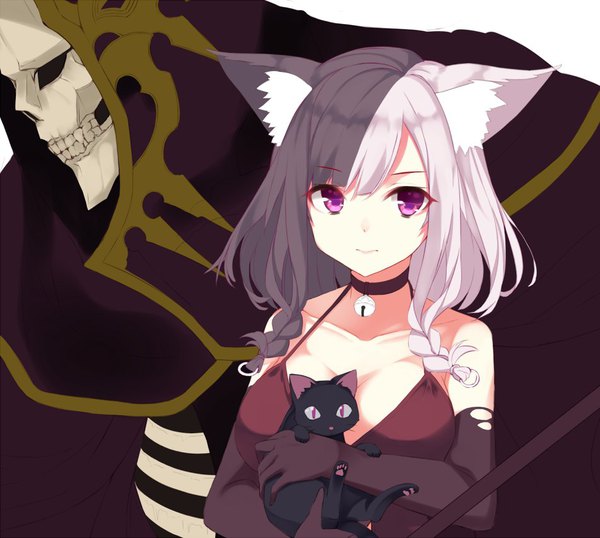 Anime picture 951x853 with original death (entity) takehana note long hair fringe breasts light erotic large breasts purple eyes bare shoulders animal ears cleavage braid (braids) multicolored hair cat ears two-tone hair twin braids hollow eyes girl gloves