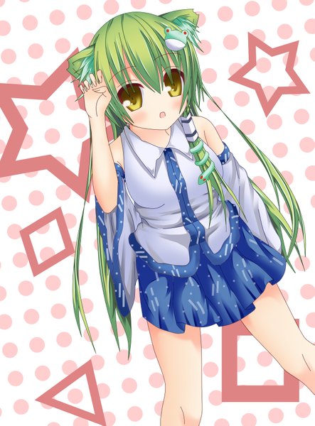 Anime picture 2677x3622 with touhou kochiya sanae kaiba-san long hair tall image blush highres open mouth animal ears yellow eyes green hair cat ears cat girl girl skirt hair ornament detached sleeves miniskirt skirt set