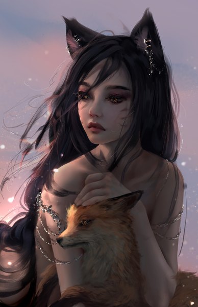 Anime picture 3968x6136 with league of legends ahri (league of legends) nixeu single long hair tall image fringe highres black hair hair between eyes bare shoulders animal ears payot looking away absurdres sky cloud (clouds) upper body lips realistic