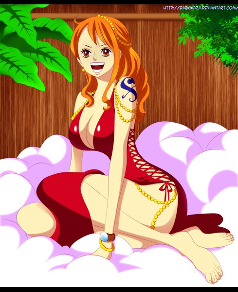 Anime picture 1500x1840 with one piece toei animation nami (one piece) darkmaza single long hair tall image fringe breasts open mouth light erotic smile large breasts sitting bare shoulders signed payot looking away cleavage :d