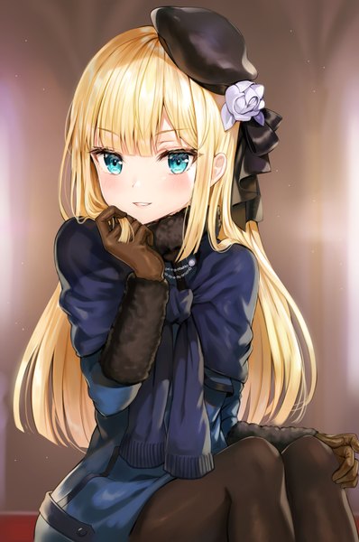 Anime picture 2368x3568 with fate (series) fate/grand order lord el-melloi ii case files reines el-melloi archisorte tokkyu single long hair tall image looking at viewer blush fringe highres blonde hair smile sitting payot bent knee (knees) blunt bangs parted lips aqua eyes