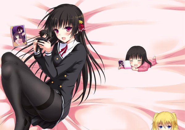 Anime picture 1500x1053 with onii-chan dakedo ai sae areba kankeinai yo ne silver link himenokouji akiko nasuhara anastasia shibayuki long hair blush open mouth light erotic black hair blonde hair red eyes chibi girl uniform school uniform pantyhose black pantyhose bell jingle bell