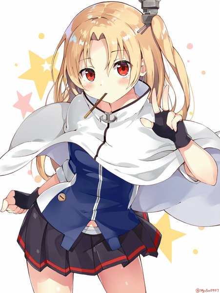 Anime picture 677x900 with azur lane cleveland (azur lane) myuton single long hair tall image looking at viewer blush blonde hair red eyes white background signed twitter username one side up incoming pocky kiss girl skirt gloves uniform miniskirt