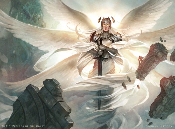 Anime picture 1200x889 with jason chan long hair white hair glowing glowing eye (eyes) angel wings girl dress sword white dress armor helmet