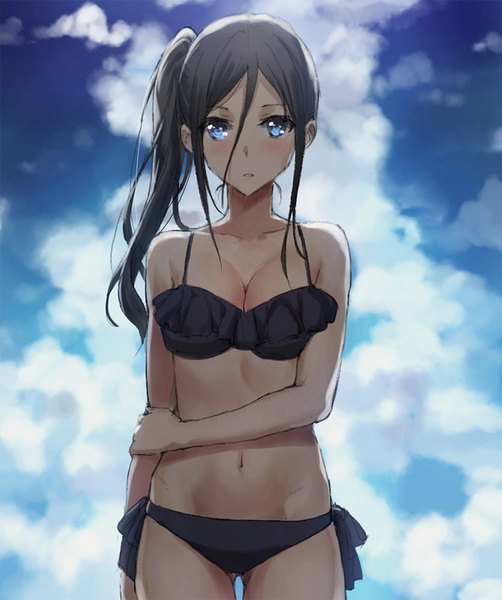 Anime picture 836x1000 with hibike! euphonium kyoto animation tanaka asuka tonee single long hair tall image looking at viewer blush fringe breasts blue eyes light erotic black hair hair between eyes large breasts bare shoulders payot sky cleavage