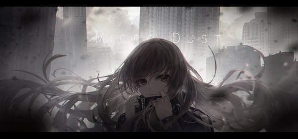 Anime picture 7500x3500 with original crystalherb single long hair looking at viewer fringe highres hair between eyes brown hair wide image brown eyes absurdres sky cloud (clouds) upper body outdoors long sleeves wind text letterboxed