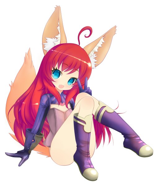 Anime picture 1000x1200 with tera online shimi jun (artist) single long hair tall image looking at viewer blush open mouth blue eyes white background animal ears red hair animal tail girl gloves boots