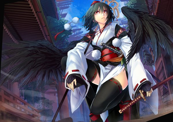 Anime picture 819x579 with touhou shameimaru aya cibo (killy) single fringe short hair breasts black hair hair between eyes red eyes looking away sky bent knee (knees) traditional clothes japanese clothes wide sleeves from below thighs official alternate costume black wings