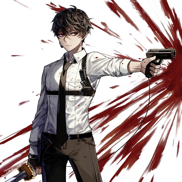 Anime picture 1500x1500 with original kim eb single fringe short hair black hair hair between eyes red eyes white background looking away outstretched arm bloody clothes boy weapon shirt sword necktie white shirt katana gun