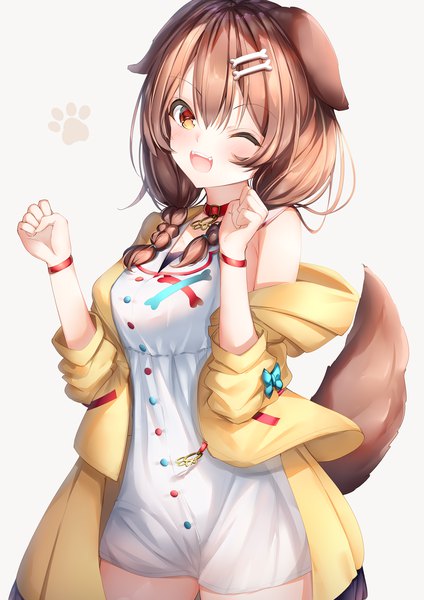 Anime picture 1273x1800 with virtual youtuber hololive inugami korone shiero. single long hair tall image looking at viewer blush fringe open mouth simple background hair between eyes red eyes brown hair animal ears tail braid (braids) animal tail one eye closed