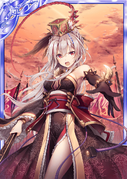 Anime picture 640x896 with shinkai no valkyrie sun ce (shinkai no valkyrie) akkijin single long hair tall image looking at viewer fringe breasts open mouth light erotic red eyes standing bare shoulders holding payot sky cleavage silver hair cloud (clouds)
