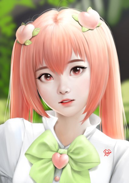 Anime-Bild 1920x2716 mit original yuzuki airi jubi (regiana) single tall image looking at viewer fringe highres twintails signed payot pink hair parted lips pink eyes blurry lipstick symbol-shaped pupils expressionless heart-shaped pupils girl