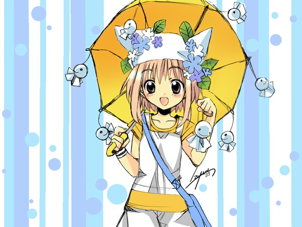 Anime picture 1024x768 with single blush short hair open mouth brown eyes umbrella teru teru bozu