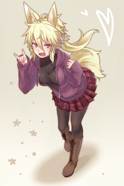 Anime picture 600x900 with original rechiko (yarareimu) yagi (ningen) single long hair tall image looking at viewer fringe open mouth simple background blonde hair hair between eyes red eyes animal ears payot full body ahoge :d pleated skirt from above