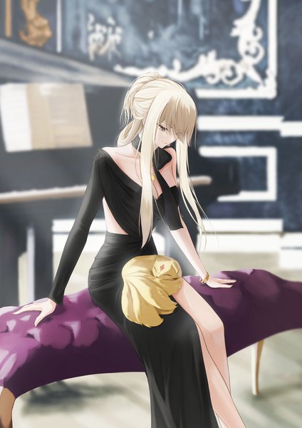 Anime picture 1320x1869 with original muwon single long hair tall image fringe breasts blonde hair sitting brown eyes cleavage indoors light smile blurry hair over one eye arm support hair bun (hair buns) looking down side slit hair rings