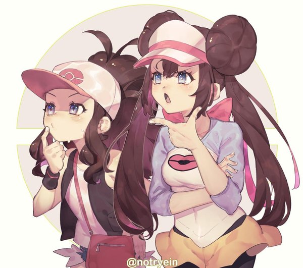 Anime picture 1086x962 with pokemon pokemon black and white nintendo hilda (pokemon) rosa (pokemon) ryein long hair blush fringe open mouth blue eyes simple background hair between eyes brown hair standing twintails multiple girls signed payot looking away