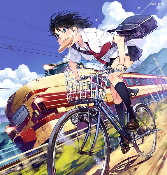 Anime picture 947x992 with original vania600 single tall image blush short hair blue eyes black hair signed looking away sky cloud (clouds) full body pleated skirt blurry sweat leaning leaning forward sweatdrop mountain