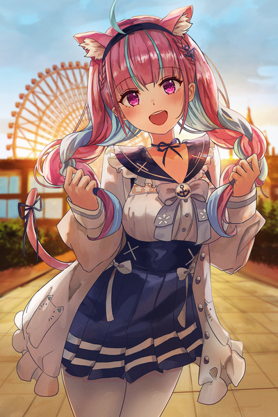 Anime picture 2894x4337 with virtual youtuber hololive minato aqua minato aqua (sailor) cherre single long hair tall image looking at viewer blush highres open mouth smile standing animal ears payot pink hair sky ahoge outdoors