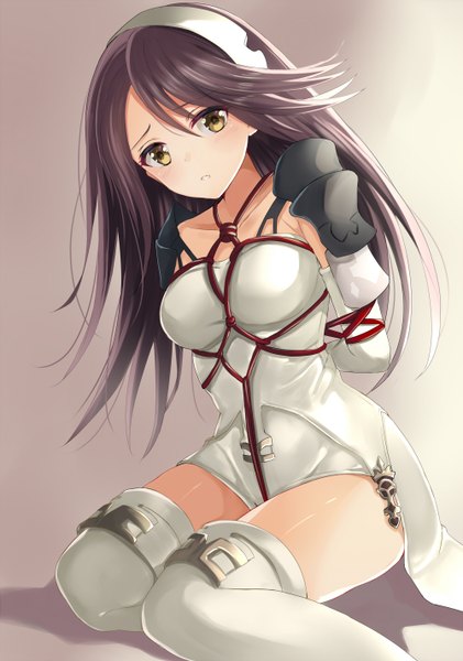 Anime picture 1000x1424 with bravely default: flying fairy agnes oblige harimoji single long hair tall image blush breasts light erotic brown hair sitting yellow eyes arm behind back bondage shibari girl thighhighs dress gloves elbow gloves