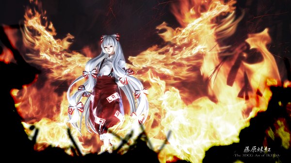 Anime picture 1920x1080 with touhou fujiwara no mokou ikeda (hayato) single long hair highres red eyes wide image white hair realistic girl bow hair bow fire