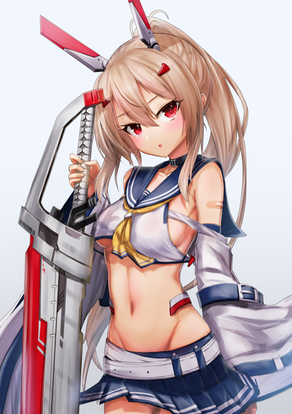 Anime picture 707x1000 with azur lane ayanami (azur lane) west (vaem5527) single long hair tall image looking at viewer blush fringe breasts open mouth light erotic blonde hair simple background hair between eyes red eyes holding ponytail head tilt pleated skirt