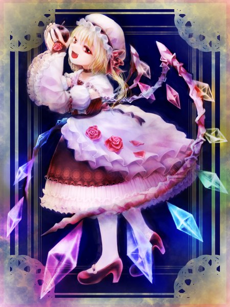 Anime picture 1050x1400 with touhou flandre scarlet single tall image looking at viewer short hair open mouth blonde hair red eyes girl dress flower (flowers) wings crystal apple