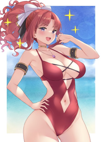 Anime-Bild 850x1200 mit princess connect! re:dive princess connect! akino (princess connect!) rokuichinpo single long hair tall image looking at viewer blush fringe breasts open mouth light erotic smile large breasts standing purple eyes payot sky cloud (clouds)