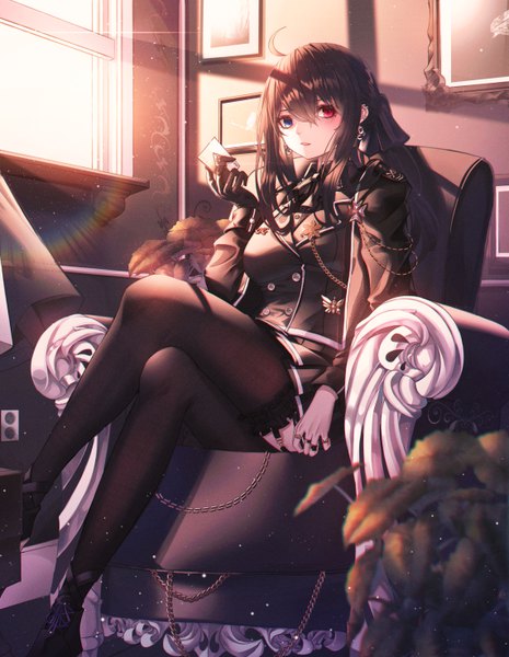 Anime picture 4567x5896 with original domi (hyaku8795) single long hair tall image looking at viewer blush fringe highres blue eyes black hair hair between eyes red eyes sitting holding payot absurdres ponytail indoors long sleeves