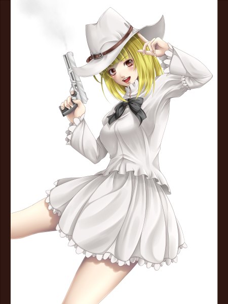 Anime picture 900x1200 with original mochi.f single tall image blush short hair open mouth blonde hair simple background red eyes white background girl dress weapon hat gun