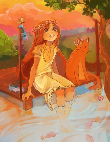 Anime picture 931x1200 with original polina ts single long hair tall image blush smile sitting cloud (clouds) bent knee (knees) orange hair teeth short sleeves no shoes puffy sleeves evening happy sunset looking up summer