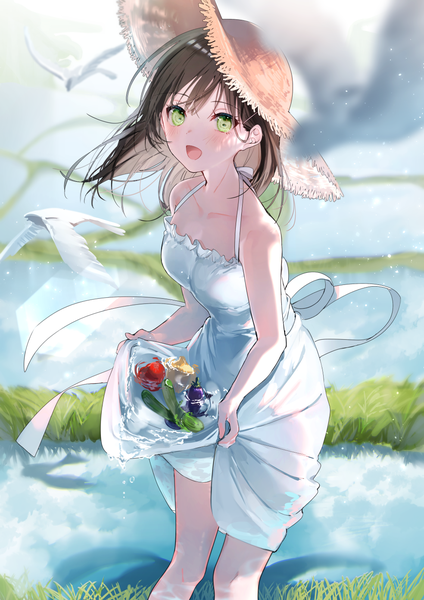 Anime-Bild 984x1392 mit original miwano rag single long hair tall image looking at viewer blush fringe open mouth smile brown hair standing bare shoulders green eyes sky cloud (clouds) outdoors :d wind blurry