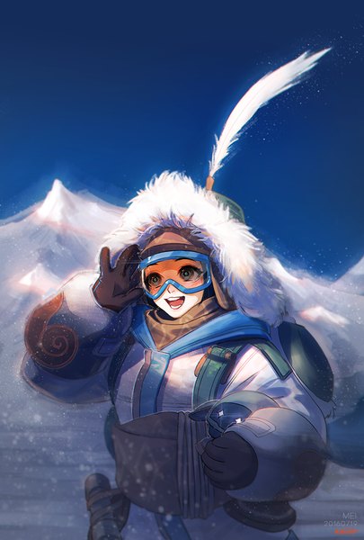 Anime picture 700x1036 with overwatch blizzard entertainment mei (overwatch) snowball (overwatch) krusier single tall image open mouth signed looking away sky black eyes fur trim character names dated happy winter mountain adjusting glasses girl