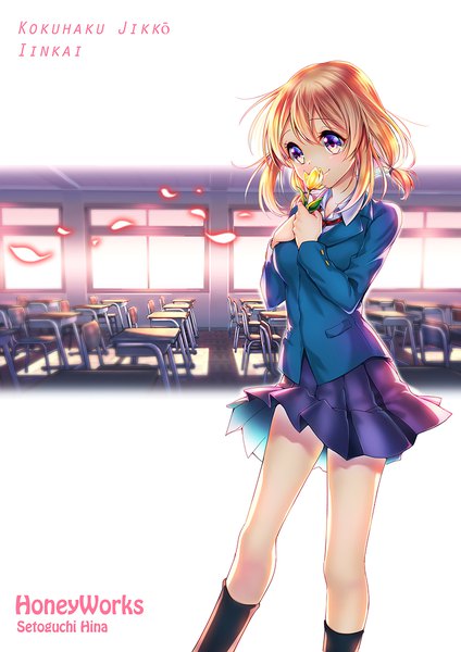 Anime picture 800x1132 with kokuhaku jikkou iinkai honeyworks setoguchi hina p@nda single tall image short hair purple eyes twintails looking away pleated skirt orange hair copyright name character names classroom girl skirt uniform flower (flowers) school uniform