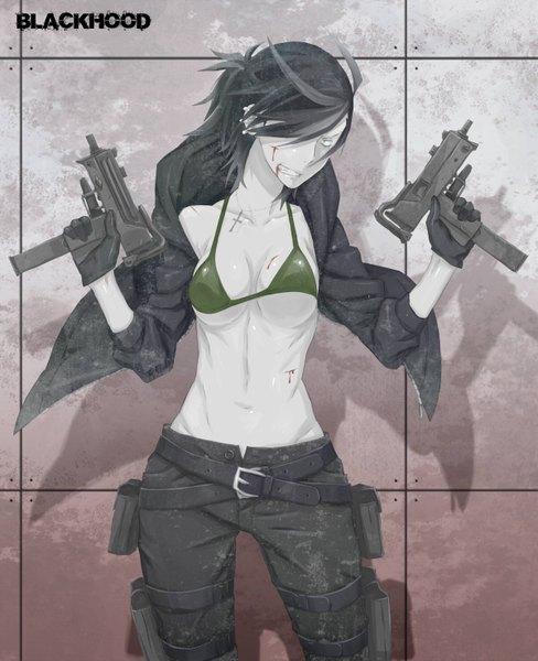 Anime picture 1200x1475 with original black hood (original character) kamezaemon single tall image looking at viewer fringe short hair breasts blue eyes light erotic black hair hair over one eye inscription bare belly shadow pale skin clenched teeth against wall bleeding