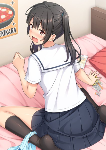 Anime picture 752x1062 with original nakamura sumikage single long hair tall image looking at viewer blush fringe open mouth light erotic black hair hair between eyes sitting twintails brown eyes payot indoors pleated skirt looking back from behind