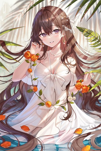 Anime picture 1344x2000 with original okuma mai single tall image looking at viewer blush fringe breasts smile hair between eyes brown hair standing bare shoulders outdoors very long hair parted lips grey eyes partially submerged wavy hair girl